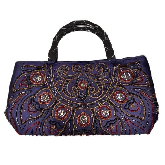 Blue Purple Beaded Purse Handbag Acrylic Bamboo style Handles Unbranded Zipper - Picture 6 of 14